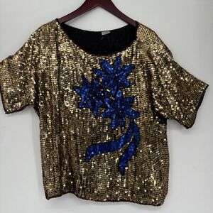 Sequin Vintage Glam Top Gold Blue Star Embellished Party Blouse Short Sleeve‎ 1X